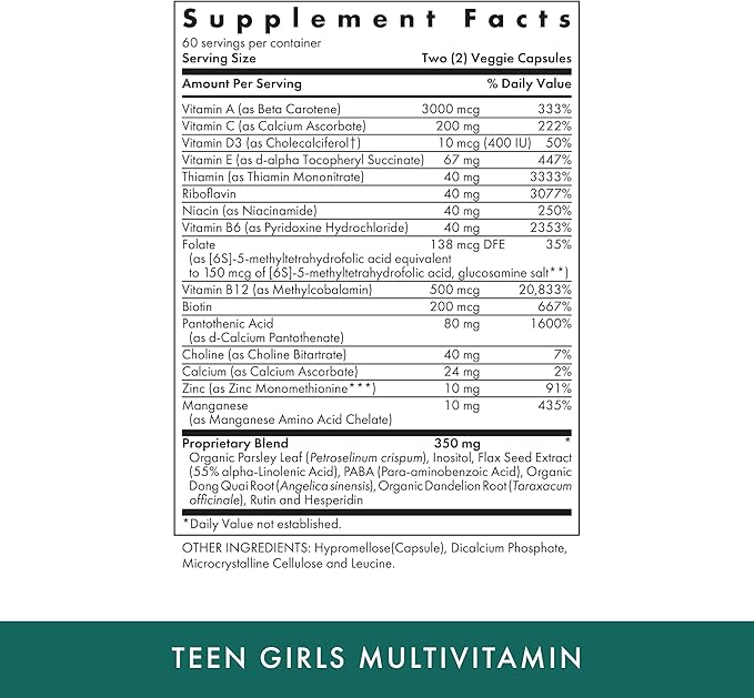 Michael's Health Naturopathic Programs Teen Girls Multivitamin - 120 Vegetarian Capsules - Nutrients for Healthy Growth &amp Development - Kosher - 60 Servings