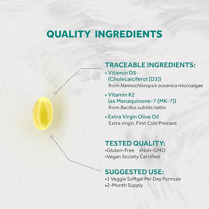 Naturalis Vegan Vitamin D3 + K2 from Algae | 5000iu Vitamin D with 120mcg MK7 Vitamin K | Vegan Society Certified Sustainably Sourced Better Than Animal Derived | 60 Veggie Softgels
