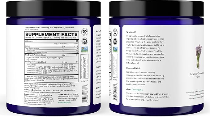 Ora Organic Prebiotic and Probiotic Powder Supplement - 20 Billion Probiotics 7 Strains for Best Prebiotic Powder Non-GMO Probiotics for Women Men &amp Kids - Lavender Lemonade Flavor 30 Serving