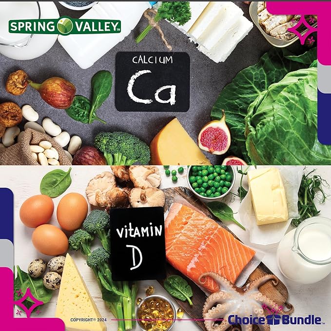 Choice Bundle Spring Valley Calcium 500 mg Plus Vitamin D 25 mcg Bone Health Dietary Supplement Gummies 100 Ct 2 pk (200 Total) + Vitamin Guide and Pill Container (4 Items)!