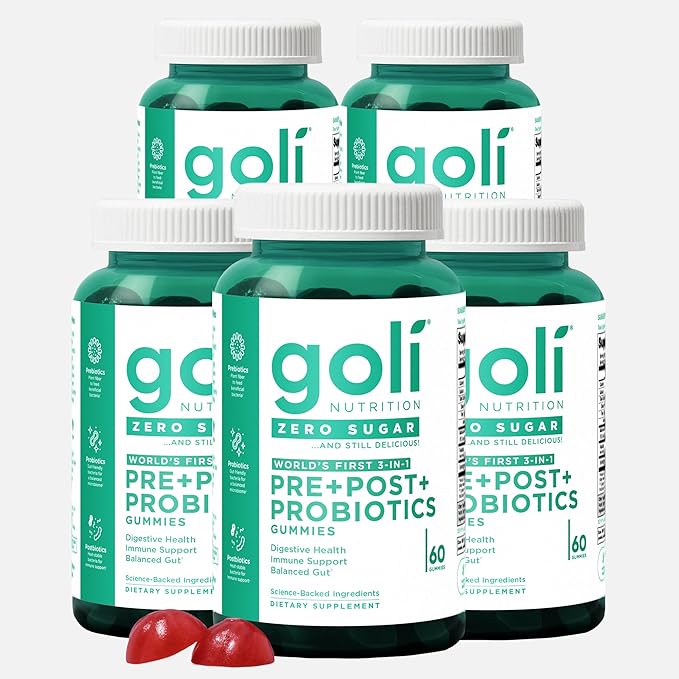 Goli Zero Sugar Pre Pro Postbiotic Gummies 60 Count Each (5 Pack 300 Total) - Worlds First 3-in-1 with DE111 XOS MCC1849 - No Sugar Alcohols - Vegan Keto-Friendly Non-GMO