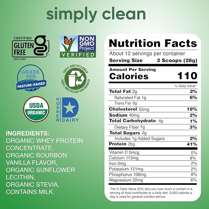 simply tera's Organic Whey Protein Powder - Grass Fed Vanilla Whey Protein Powder Clean Made Without Artificial Sweeteners Non-GMO Kosher rBGH-Free Organic - 12 Oz.
