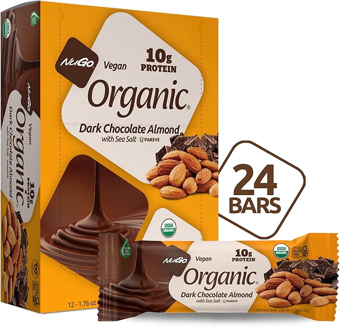 Nugo Organic Dark Chocolate Almond 10g Vegan Protein Gluten Free 24 count