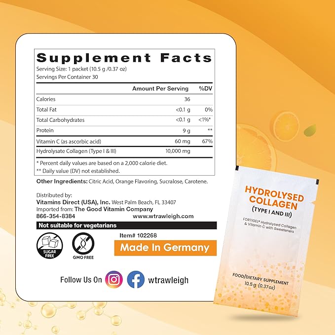 Rawleigh Collagen BCP-Max: 30 Travel Friendly Sachets - Delicious Orange-Flavoured Concentrate 10000mg of Hydrolysed Types I &amp III Collagen Peptides Vitamin C for Hair Skin Nails Muscles GMO-