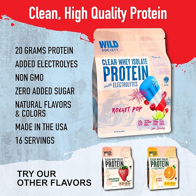 WILD SOCIETY - Top Flavor Multipack - Clear Whey Protein + Electrolytes - Refreshing Whey Protein Isolate Powder - 20g Protein 0 Added Sugar GMO-Free Natural Flavors &amp Colors