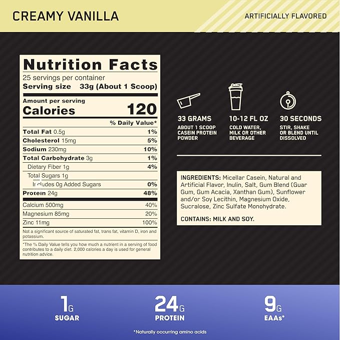 Optimum Nutrition Gold Standard 100% Micellar Casein Protein Powder Slow Digesting Helps Keep You Full Overnight Muscle Recovery Creamy Vanilla 1.81 Pound (Packaging May Vary)