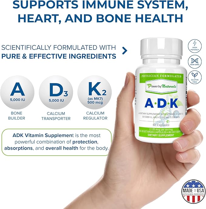 Power By Naturals ADK Vitamin Supplement – High Potency Blend of Vitamin A D3 5000 IU &amp K2 MK7 for Bone Health – Vitamin A D K Supplement – 60 Capsules (2 Month Supply)