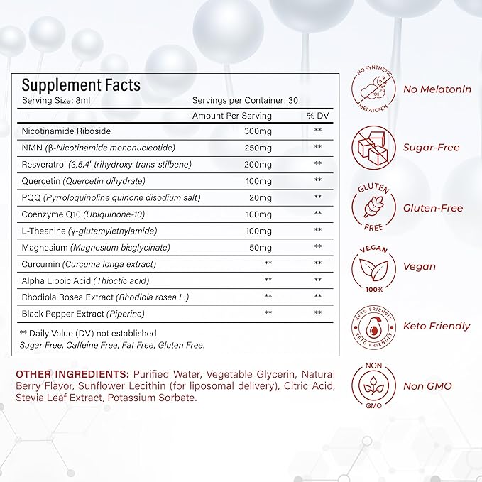 NAD+ Supplement Liquid - NAD+ Supplement 1000mg NAD+ Nicotinamide Riboside Resveratrol Supplements with PQQ NAD+ Berry Flavor Sticks for Anti-Aging Energy Focus