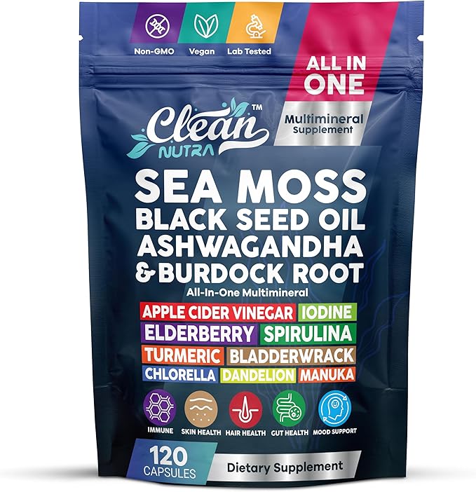 Clean Nutraceuticals Sea Moss Black Seed Oil Ashwagandha Turmeric Bladderwrack Burdock &amp Vitamin C Vitamin D3 with Elderberry Manuka Dandelion (120 Count (Pack of 1))