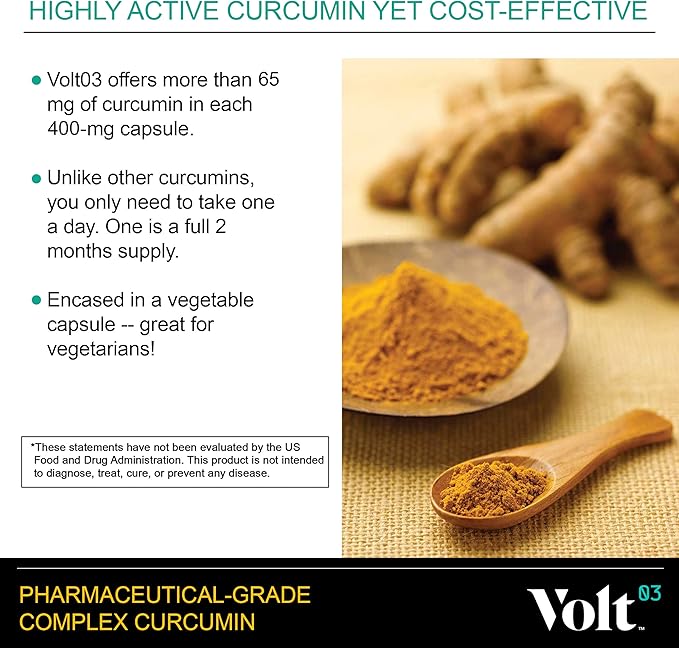 Volt03 Organic Turmeric Curcumin Capsules 400mg Complex Curcurmin - Pharmaceutical-Grade Curcumin Supplement for Joint Health Immune Support &amp Healthy Inflammation Response 60-day (2 month) su