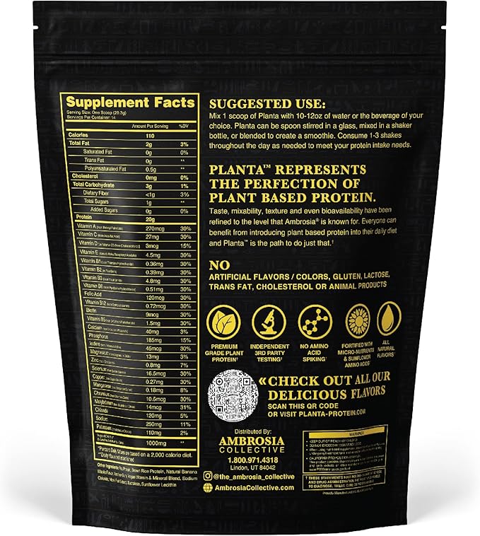 Ambrosia Planta - Premium Plant-Based Protein | Vegan &amp Keto Friendly | Gourmet Flavors with No Bloating or Stomach Upset | No Added Sugar | 14 Servings | (Banana Maple)