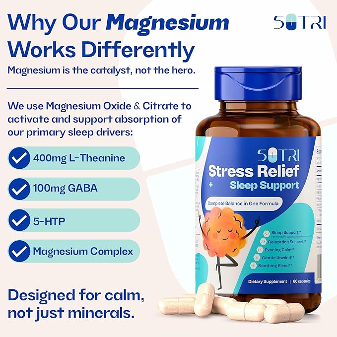 Magnesium Citrate Capsules 200mg for Stress and Sleep Support (1 Month Supply) - Unflavored GABA L-Theanine Supplement to Support Focus Mood and Energy Levels - Veg Calm Magnesium Citrate with 5 HTP