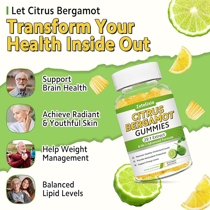 2 Pack Citrus Bergamot Gummies Citrus Bergamot Supplement for High Cholesterol Cholesterol Lowering Supplement for Heart Immune System &amp Healthy Aging Support Sugar Free Lemon Flavor 120 Cts