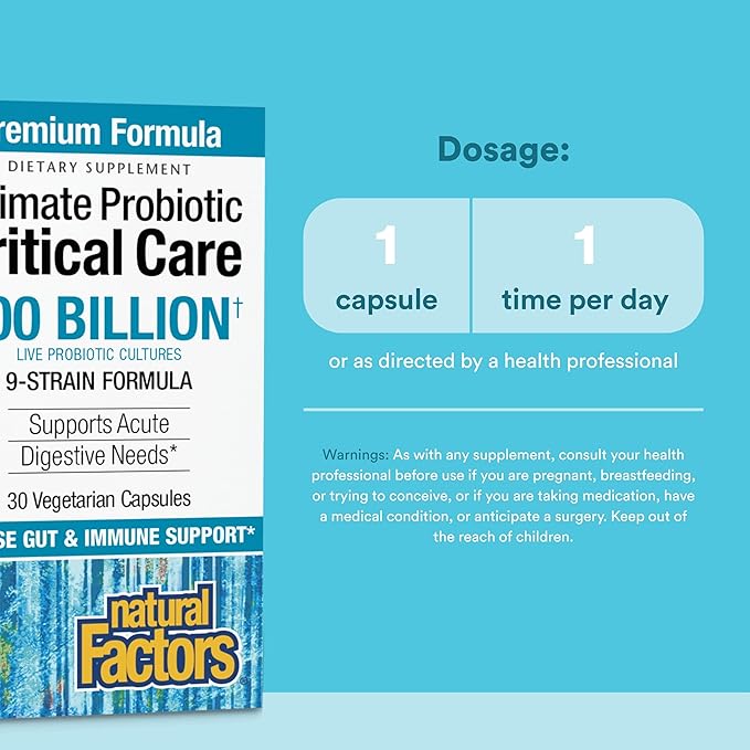 Natural Factors Ultimate Probiotic 100 Billion Live Cultures - Digestion Supplement with Prebiotic Fiber - Daily Supplement for Gut Health - 30 Vegetarian Capsules (30 Servings)