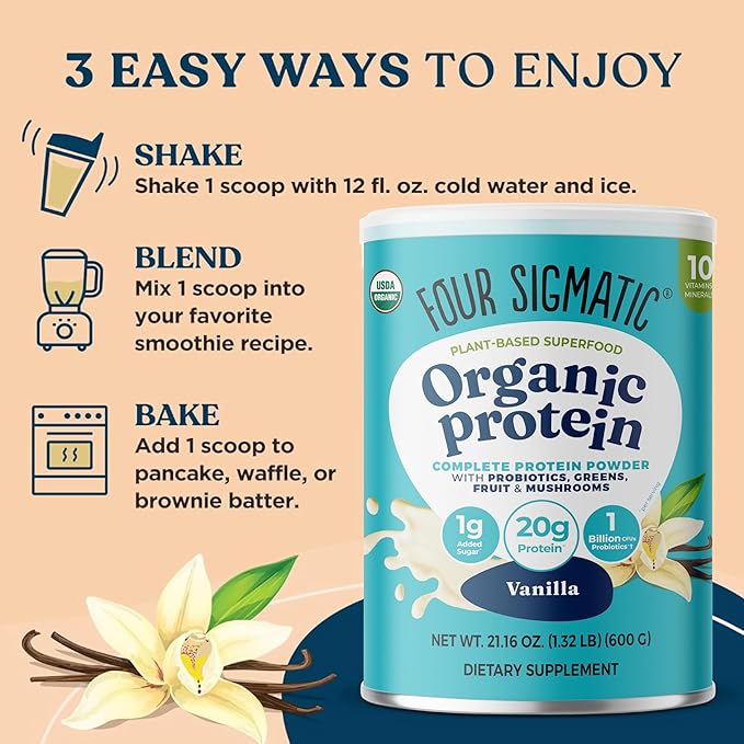 Four Sigmatic Organic Vegan Protein Powder | 18g Plant-Based Protein per Serving | Gluten Free Dairy Free Soy Free Non-GMO with No Filler Ingredients | 21.16oz 15 Servings | Vanilla