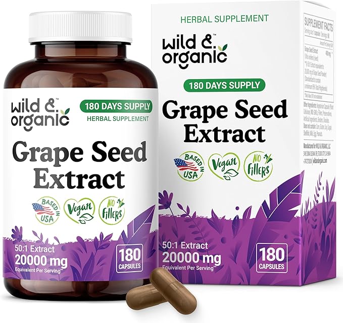 Wild &amp Organic Grape Seed Extract Capsules - 20000 mg Strength Grapeseed Extract Equivalent - 95% Polyphenols - 400 mg per Serving - 180 Vegan Capsules - 6 Month Supply - Non-GMO