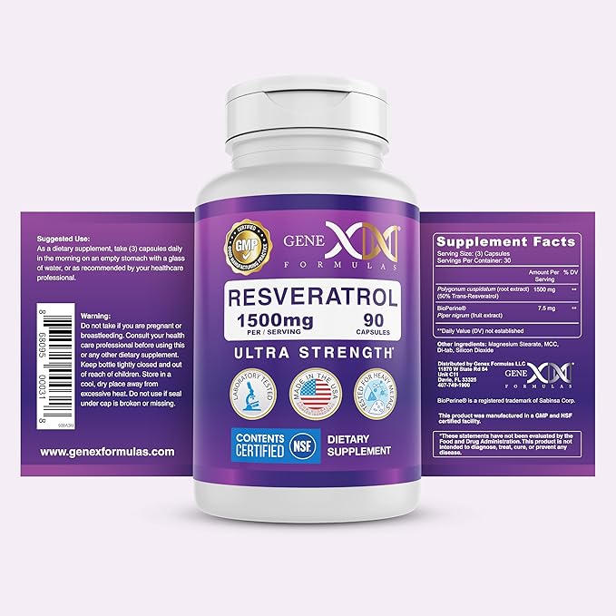Genex Formulas Resveratrol 1500 mg Supplement for Healthy Aging – NSF Certified for Safety Quality &amp Label Accuracy – Potent Antioxidant &amp Healthy Aging Formula - Gluten Free 90 Count