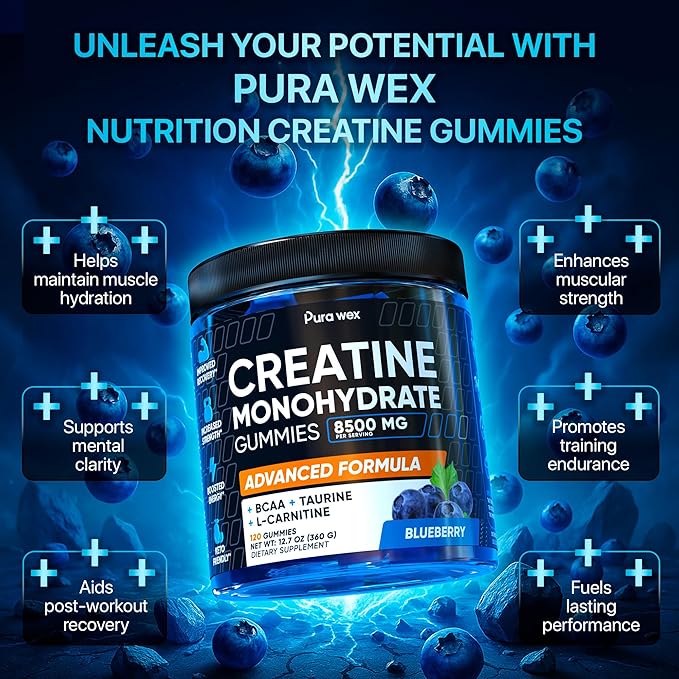 Creatine Monohydrate Gummies 8500mg Complex for Men &amp Women - Pre Workout Creatine Chews for Muscle Growth Strength &amp Energy Sugar Free Vegan Blueberry Flavor - 120 Count