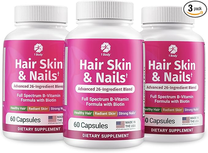 1 Body Hair Skin Nails Vitamin Complex with Biotin - Complete Formula with 26 Essential Vitamins for Men &amp Women - 3 Pack