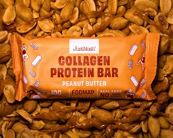 JUSTNOSH Peanut Butter Collagen Protein Bars – 16g Protein 10g Collagen | Gluten &amp Dairy Free Low FODMAP Seed Oil Free (12 Pack)
