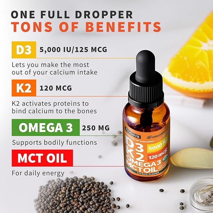 (2 Pack) Organic Vitamin D3 K2 Drops with MCT Oil Omega 3 5000 IU Maximum Strength Vitamin D Liquid No Fillers Non-GMO Liquid D3 for Faster Absorption Immune Support (Citrus Flavor 2 Fl Oz)