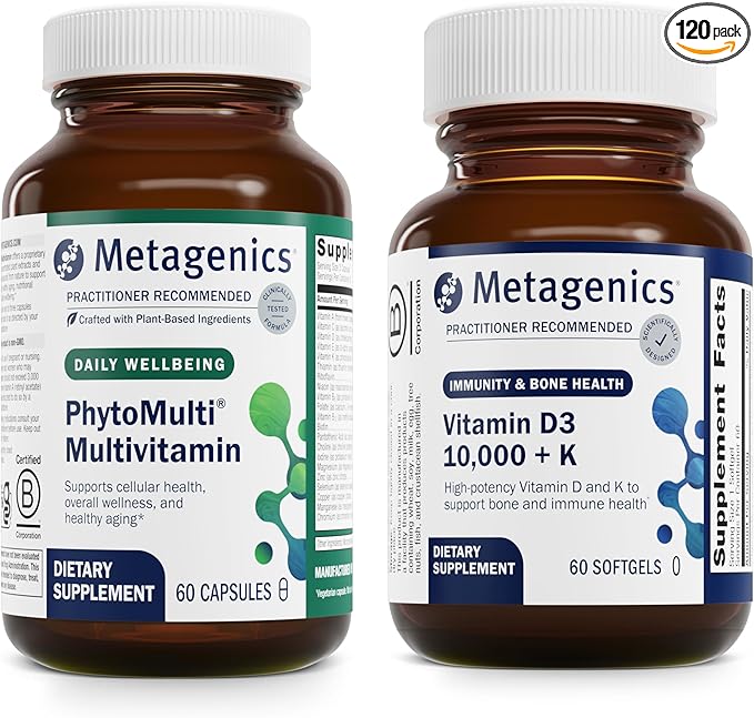Metagenics Bundle - PhytoMulti &amp D3 10000 + K - 60 Capsules of PhytoMulti for Men &amp Women - 60 Softgels of D3 10000 + K for Immune Support Bone Health &amp Heart Health