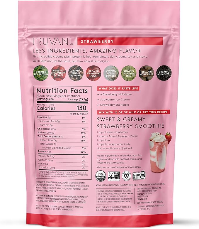 Truvani Vegan Pea Protein Powder | Strawberry | 20g Organic Plant Based Protein | 20 Servings | Keto | Gluten &amp Dairy Free | Low Carb | No Added Sugar