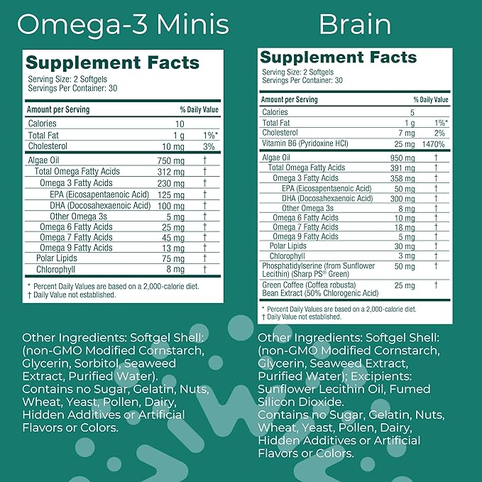 Iwi Omega-3 Minis &amp Brain Omega-3 Bundle 30 Servings Vegan Plant-Based Algae Omega 3 with EPA + DHA Krill &amp Fish Oil Alternative No Fishy Aftertaste
