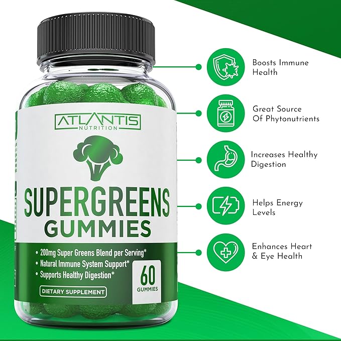 Atlantis Nutrition Sugar Free Prebiotic Fiber Gummies for Adults 2-Pack (120 Gummies) + Supergreens 60 Gummies