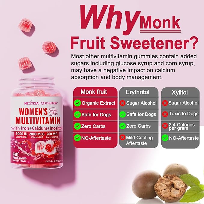 (2 Pack) Sugar Free Methylated Multivitamin for Women Gummies with Calcium D3 K2 Inositol Folate Biotin Iron Vitamin A C E B Complex - Multi Vitamins &amp Minerals - Energy Immune Bone - V