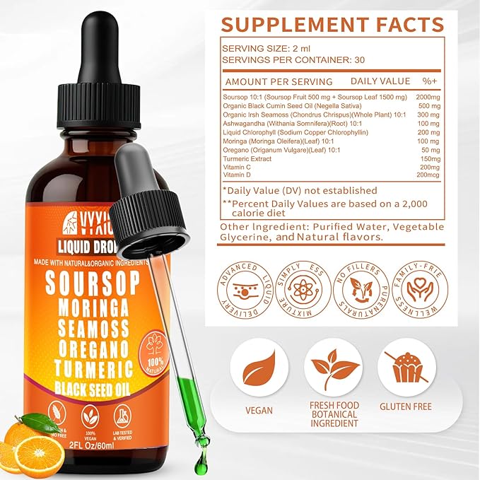 Soursop Bitters Liquid Drops 10 in 1 with Sea Moss Moringa Turmeric Black Seed Oil Oregano Ashwagandha | Herbal Extracts for Overall Health-Enhancing | Vegan Non-GMO | 2 Fl Oz (Orange flavor)