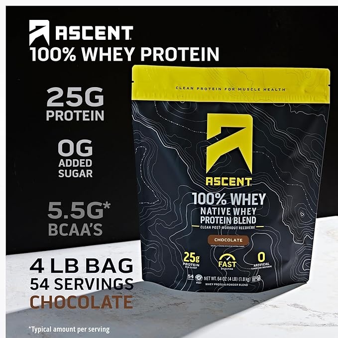 Ascent 100% Whey Native Whey Protein Blend - Clean Post Workout Recovery Digesting Zero Artificial Flavors &amp Sweeteners Gluten Free 5.5g BCAA 2.6g Leucine Vanilla 4lb + Chocolate 4lb