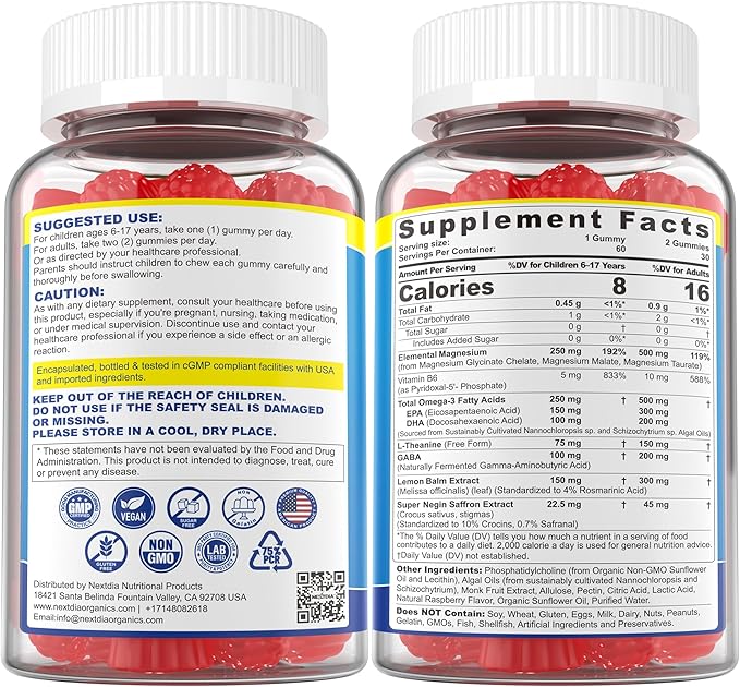 Magnesium Glycinate Gummies + Omega-3 Saffron for Kids 6+ &amp Adults Kids Focus Calm Magnesium Gummies Sugar Free Triple Magnesium Complex 500mg/250mg - Glycinate Malate Taurate Theanine