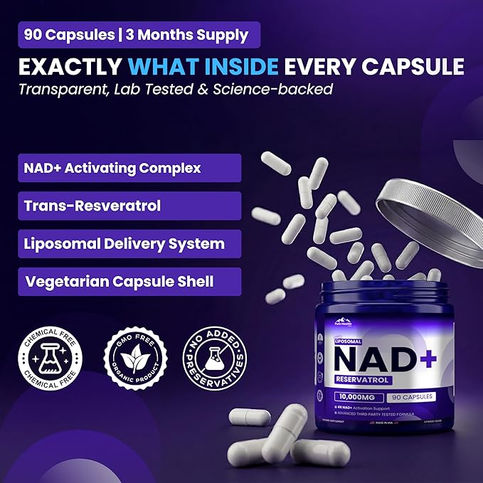 PHM NAD Resveratrol Supplement - 10000MG Extra Strength | NAD+ Liposomal Supplements for Men and Women | NMN &amp NMNH Alternative | 90 Capsules 1.5 Months Supply