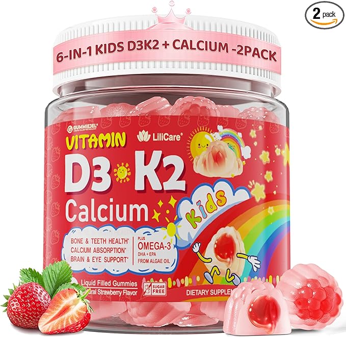 Vitamin D3 K2 + Calcium Liquid-filled Gummies for Kids &amp Teens 1000IU / 2000IU D3 with Magnesium Algal Omega 3 Kids Vitamins for Bones &amp Teeth Calcium Absorption Brain Immune Sugar-Free