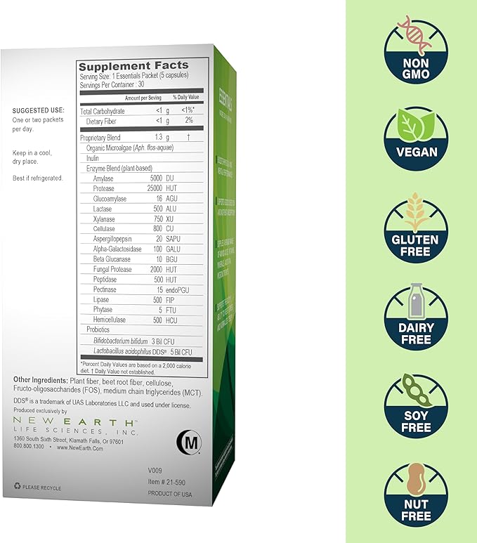 New Earth Essentials Daily Gut Health Packets | Probiotics Digestive Enzymes &amp Organic Wild Microalage | 5-Capsule Daily Packs | 30-Day Supply | Vegan &amp Non-GMO