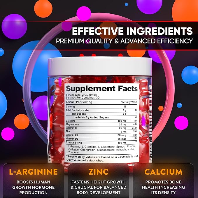 Height Growth Increase Gummies Vitamins Grow Tall Supplement Calcium Magnesium Zinc Ashwagandha Glucosamine Multivitamin for Teens Kids Adults