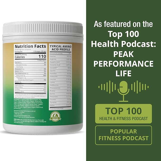 Peak Performance Organic Paleo Grain Free Plant Based Raw Vegan Protein Powder. Amazing Amino Acid Profile and Less Than 1g of Sugar. with Hemp and Pea Protein Vanilla Flavored