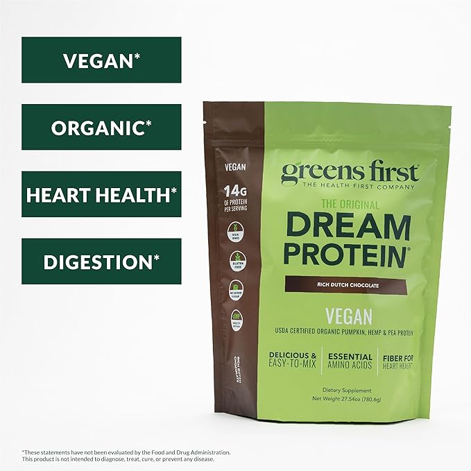 Greens First Dream Protein Plant-Based Vegan Powder - USDA Organic Pumpkin Hemp &amp Pea Protein - Gluten-Free Non-GMO No Added Sugar (Rich Dutch Chocolate 27.54 oz)