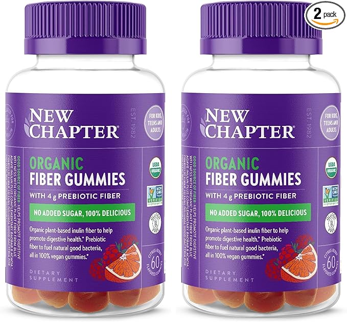 New Chapter Organic Fiber Gummies for Adults &amp Kids (Age 4+) Plant-Based Prebiotic Fiber for Digestive Health Vegan Non-GMO USDA Organic Gluten Free Citrus-Berry Flavored 60 ct (Pack of 2)