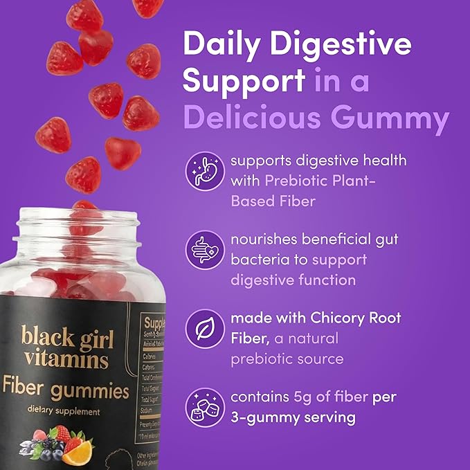 Black Girl Vitamins - Fiber Gummies - Prebiotic for Gut Health &amp Bloat Relief - Supports Digestion Regularity &amp Microbiome Balance - Vegan Gluten-Free Halal (Orange &amp Mixed Berry 30 Da