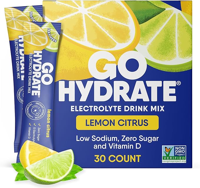 GoHydrate Instant Hydration Powder Packets - Low Sodium Electrolytes Drink Mix - Natural Hydration Support Sugar Free Electrolyte Flavored Powder Drink with Vitamin D 30 Packs Lemon Citrus