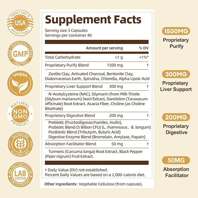 2Pack 2000MG Complete Binder Detox+ Activated Charcoal Zeolite Bentonite Clay NAC Milk Thistle Probiotic All-in-1 Detox &amp Cleanse Supplement Liver &amp Gut Support 240 Capsules