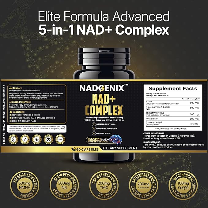 NADGENIX™ NAD+ Supplement – NMNH 500mg Nicotinamide Riboside TMG Resveratrol &amp CoQ10 – Cellular Energy &amp Healthy Aging – 60 Capsules – High Absorption Liposomal Delivery