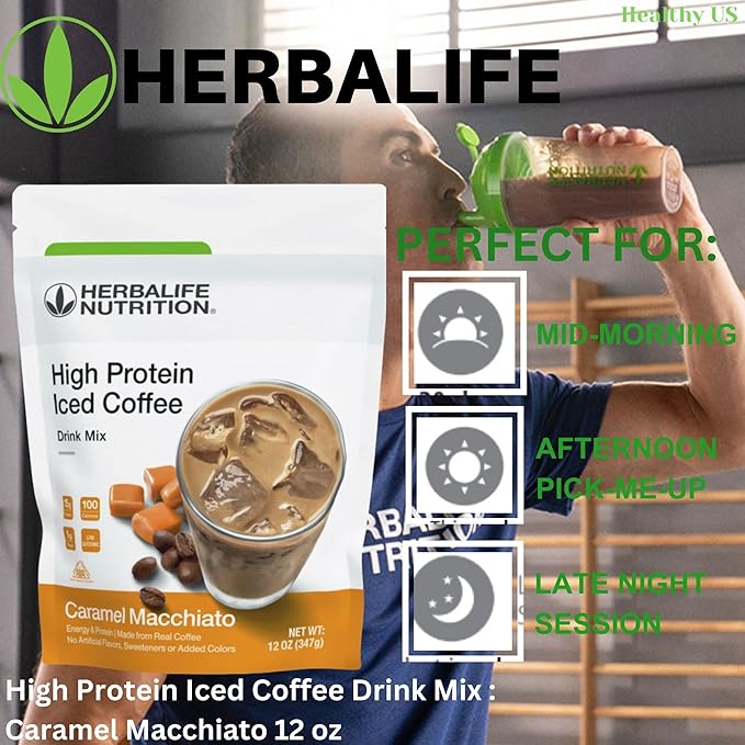 HERBALIFE NUTRITION High Protein Iced Coffee Drink Mix: (Caramel Macchiato 12 oz 347g) Energy and Protein Made From Real Coffee Low fat c