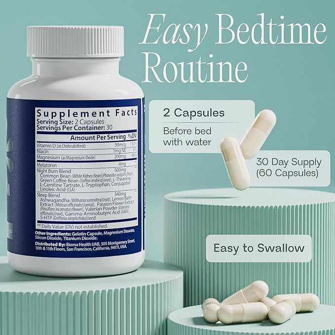 BIOMA Night Metabolism &amp Sleep - Supports Digestion Energy Metabolism &amp Restful Sleep with Melatonin Vitamin D Magnesium &amp More - 180 Capsules (3 Pack 90-Day Supply)