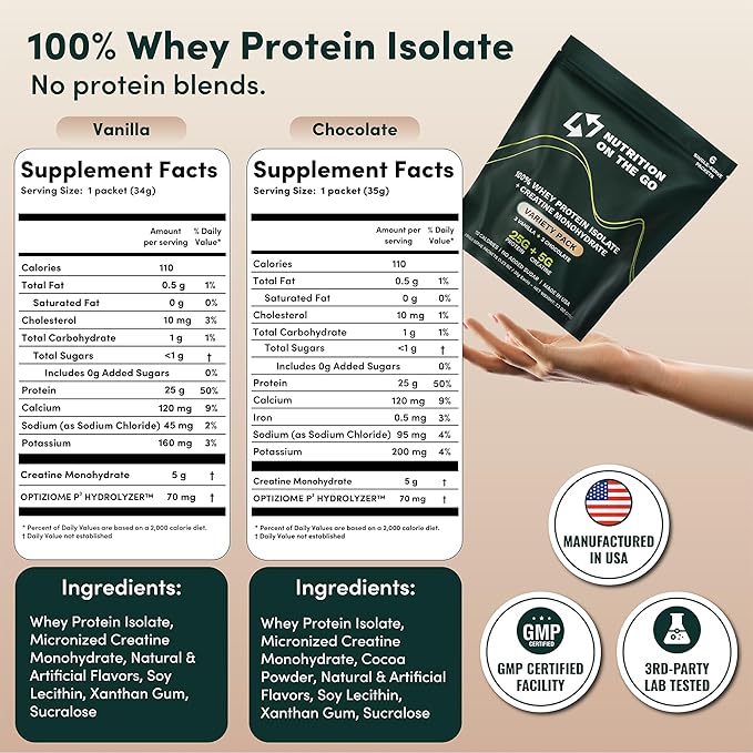 Nutrition On The Go Whey Protein Isolate Packets with Creatine – 25g Protein + 5g Creatine – Single-Serve Travel Protein Powder - Variety Pack (Vanilla &amp Chocolate) (6-Pack)