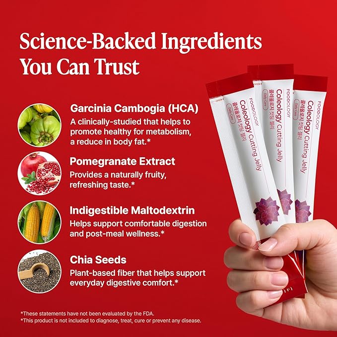 FOODOLOGY Coleology Cutting Stick Jelly (Pomegranate) – Dietary Fiber Supplement for Healthy Weight Management Chia Seeds &amp Garcinia Cambogia Korean Beauty with Collagen – 10 Sticks (Pack of 3)