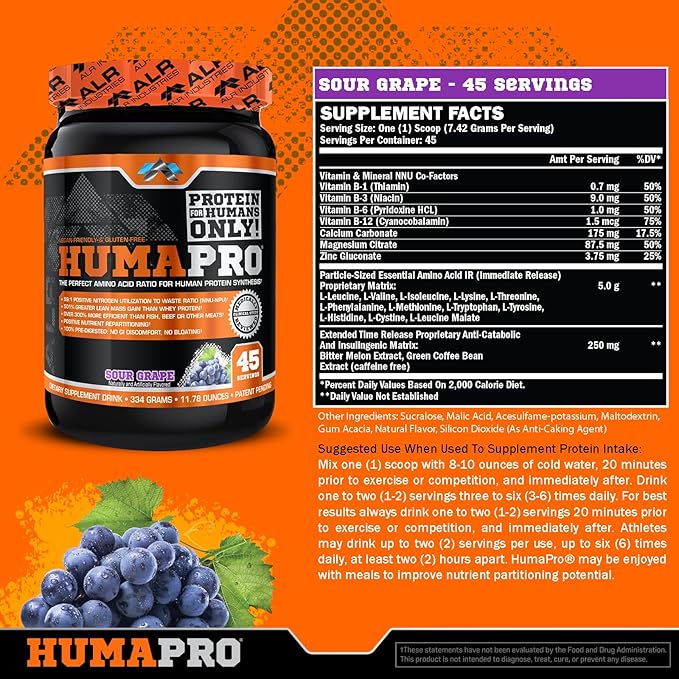 Humapro | Amino Acids Protein Matrix for Humans | 99% Utilization for Lean Muscle | Vegan Gluten Free | 334g / 45 Servings (Sour Grape)