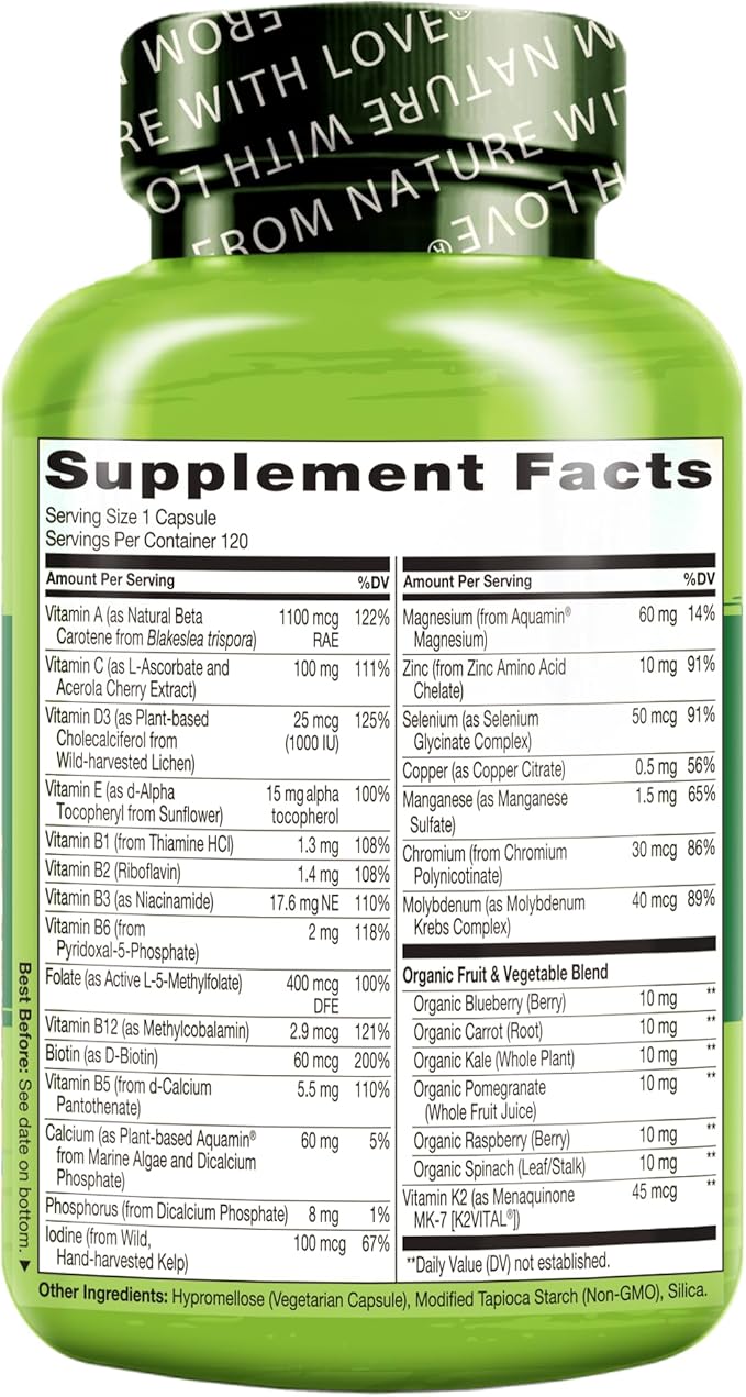 NATURELO Mens Multivitamins for Men 50+ - One Daily Multivitamin for Men with Vitamins Minerals &amp Organic Whole Foods Boost Energy &amp Health Non-GMO 120 Vegetarian Capsules